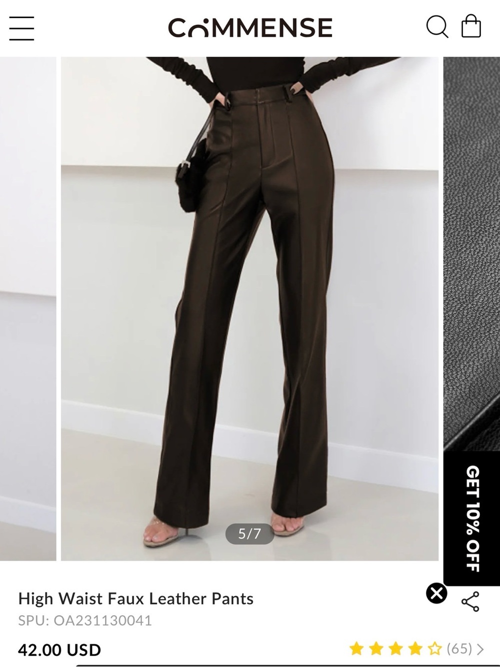 Commense High-Waist Faux Leather Wide-Leg Pants in Dark Brown